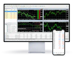 Platform trading screens showing HGM GLOBAL web trader on a mobile and large screen